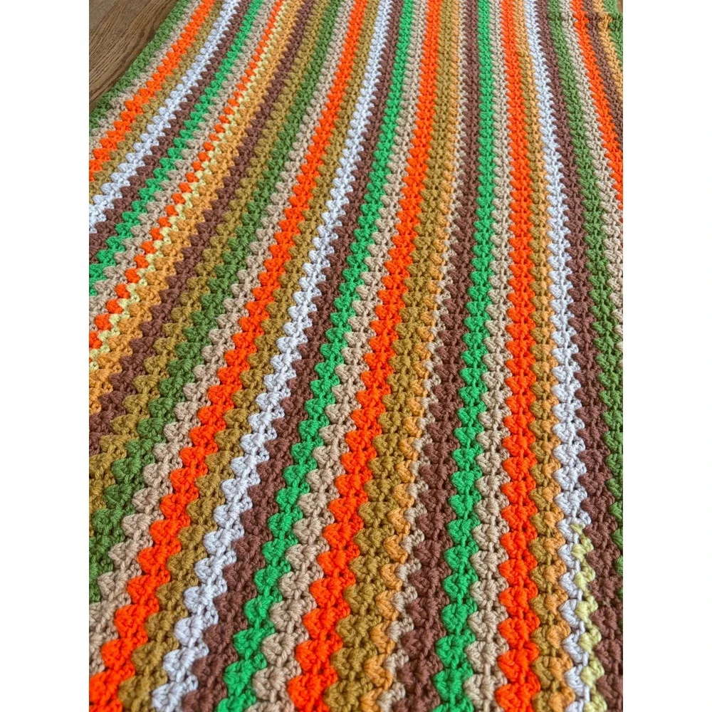 Vintage Handmade Crochet Afghan Blanket 70s Earthy Green Orange Brown 33x77